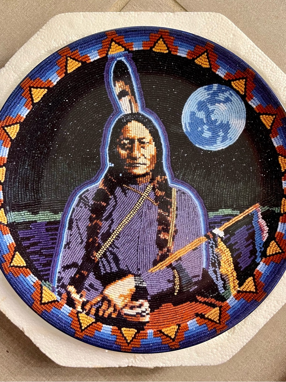 Beaded Native American Portrait Decorative Plate - Sitting Bull